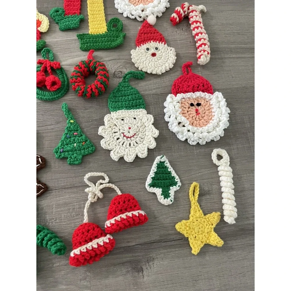 Vintage Lot of 33 Handmade Chrocheted Christmas Ornaments Santas Wreaths Candles